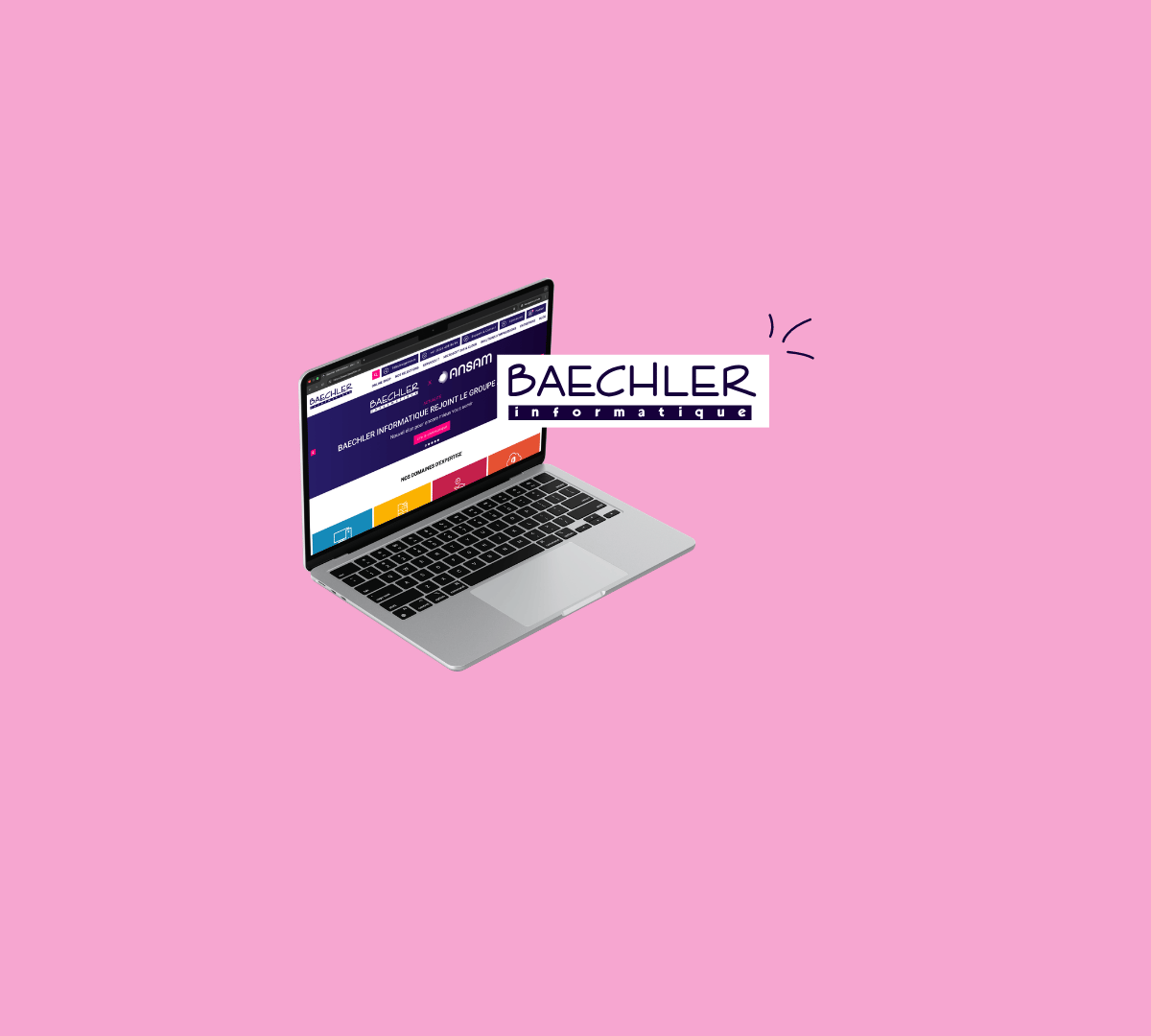 Ordinateur portable affichant le site de Baechler Informatique, membre du Groupe ANSAM