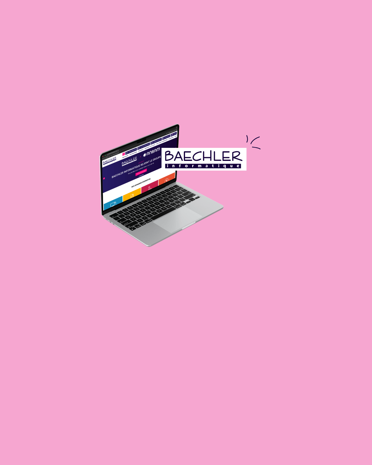 Laptop showing the Baechler Informatique website, part of the ANSAM Group