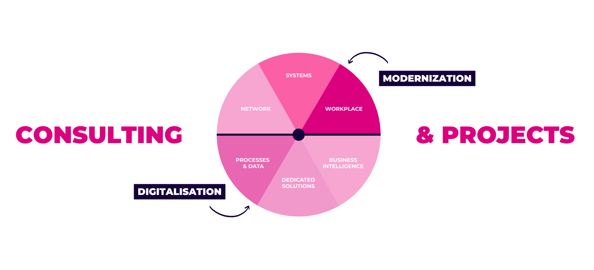 ANSAM Consulting & Projects expertise: modernisation (network, systems, workplace) and digitalisation (processes and data, dedicated solutions, business intelligence)